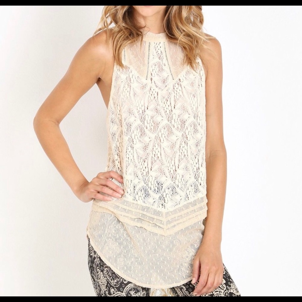 Free People Ivory Maisie Lace Mesh Sheer Tunic Hi Lo Tank